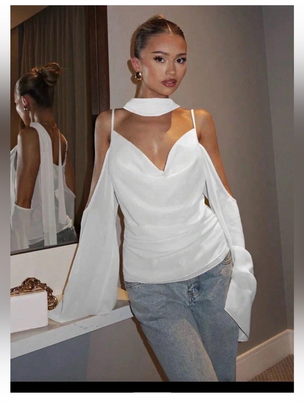 Glamine Women’s White Satin V-Neck Spaghetti Strap Cape Sleeve Blouse